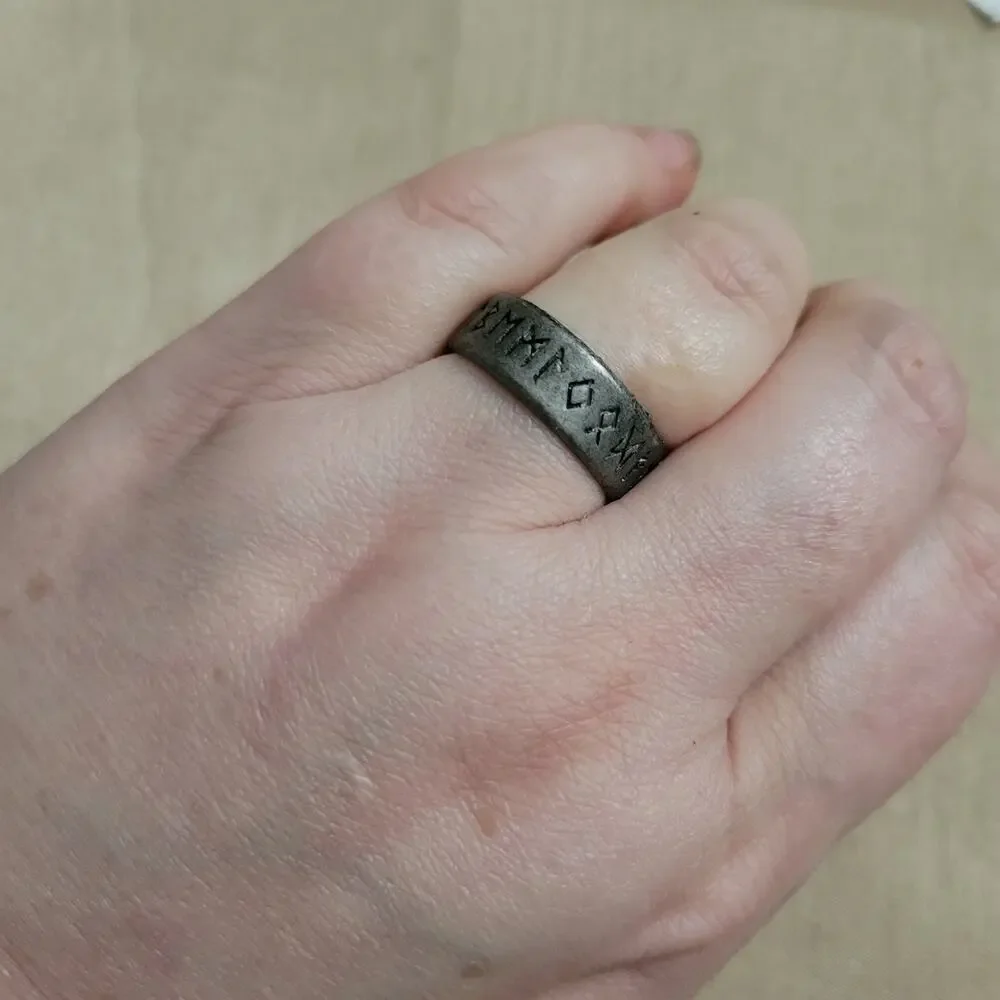 9 Viking rune engraved dark silver/gray distressed ring